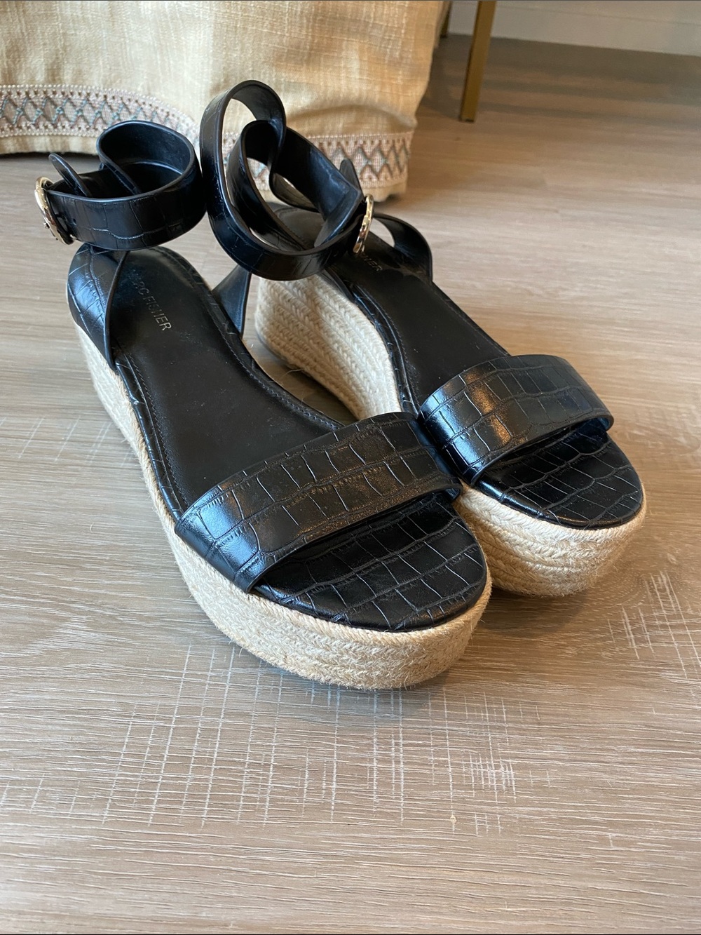 Marc Fisher Black Croc-Embossed Espadrille Wedge Sandals